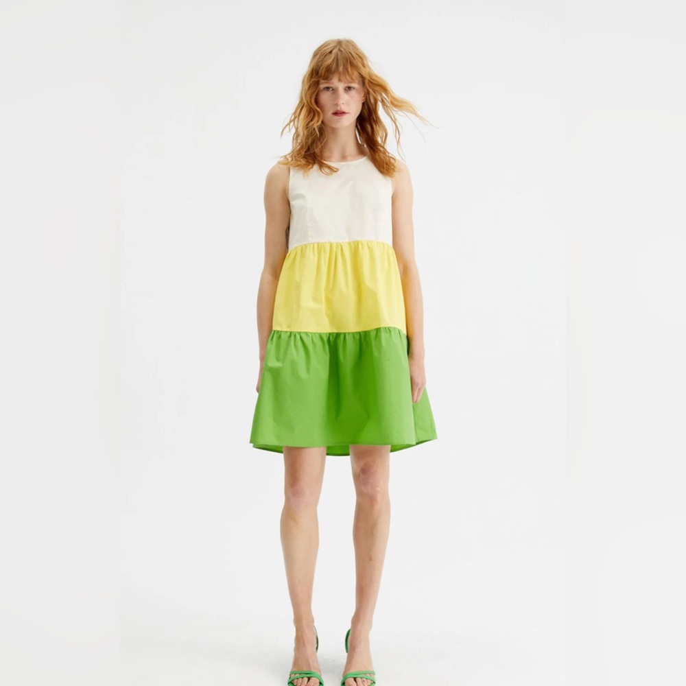 Colorblock Tiered Mini Dress in Cream, Yellow & Green